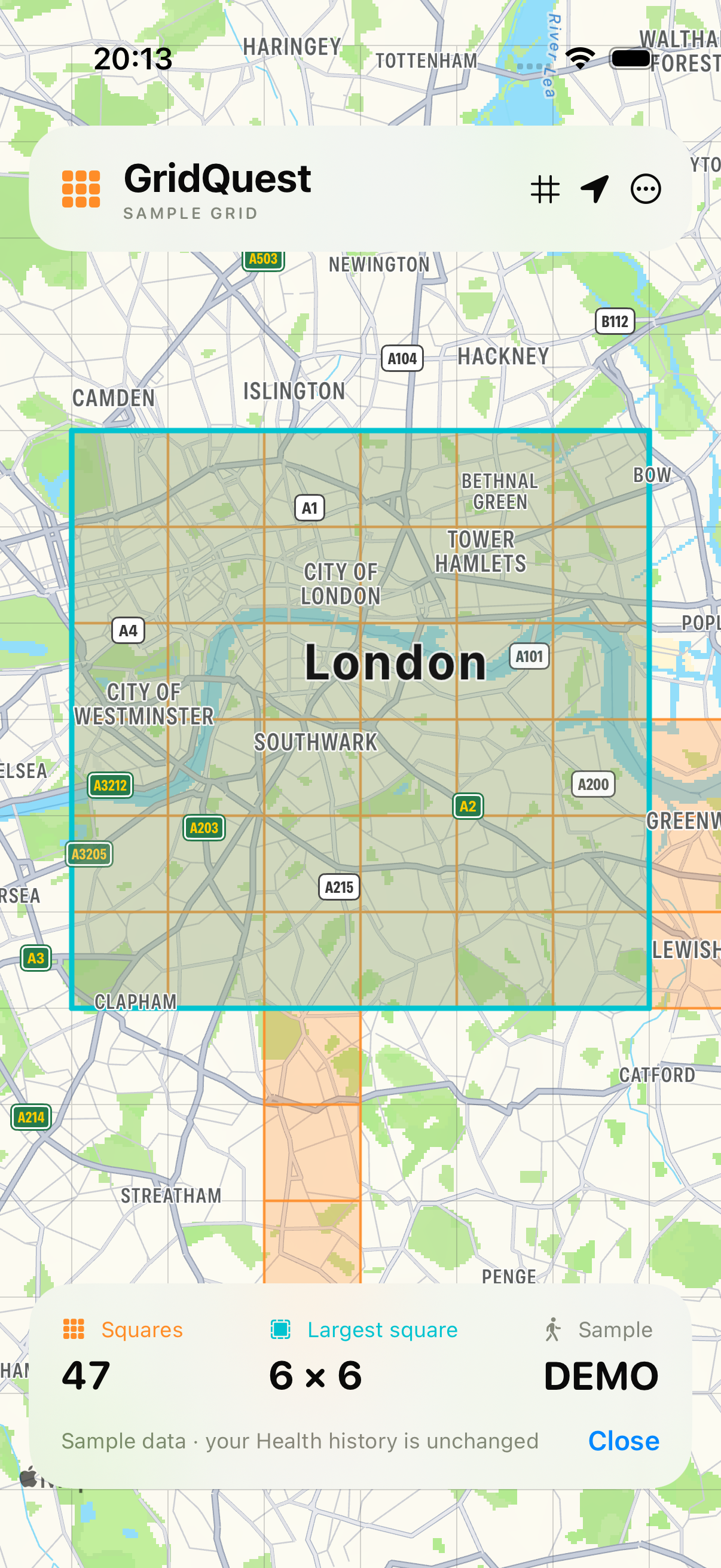 GridQuest zoomed into a completed six-by-six square, outlined in teal